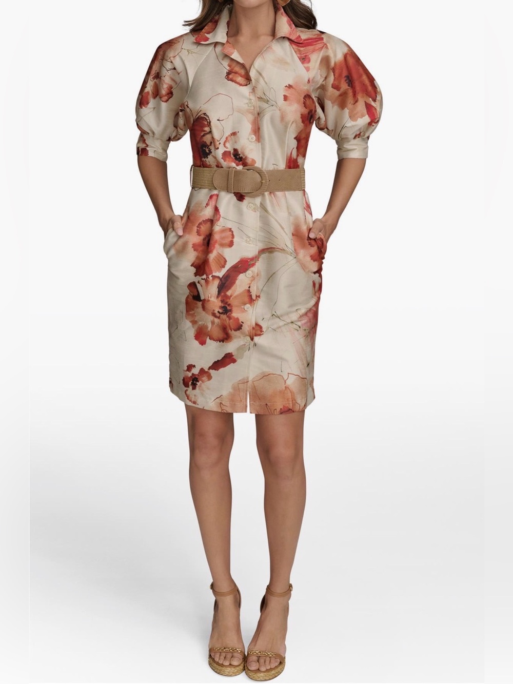 NWT Donna Karan New York Floral Belted Puff Sleeve Shirtdress Warm Clay Size 6